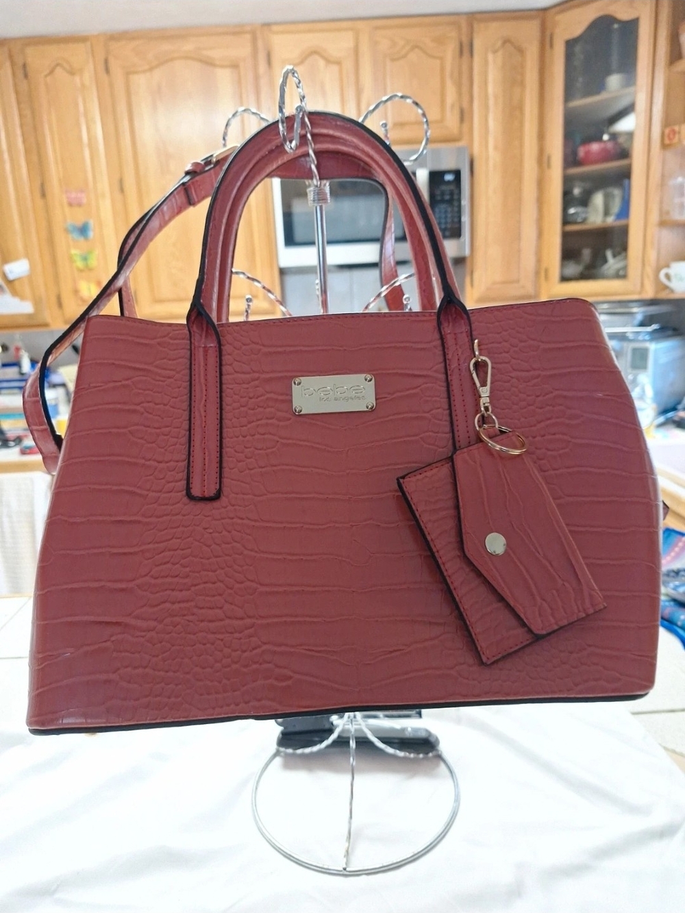bebe Croc-Embossed Satchel in Rose
